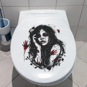 Halloween toilet sticker with scary woman and bloody handprints for bathroom decor