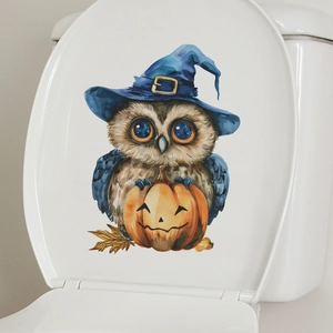 Halloween toilet lid sticker featuring a watercolor owl with a wizard hat and pumpkin