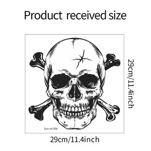 Detailed size view of black and white skull bathroom wall sticker 29cm by 29cm