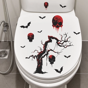 Halloween Toilet Sticker Horror Bleeding Skull Dead Tree Bat Pattern Waterproof PVC Decal For Bathroom Party Decoration