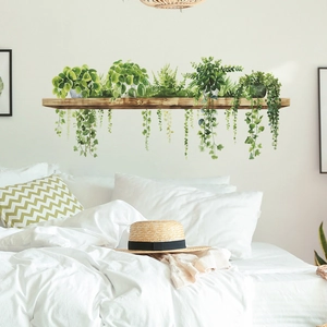 Realistic green leaf plants on wooden shelf wall sticker for bedroom home decoration