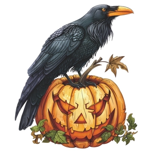Halloween toilet sticker featuring a black crow perched on a carved pumpkin jack-o'-lantern