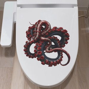 3D octopus tentacle sticker with red suckers on white toilet lid for bathroom decor