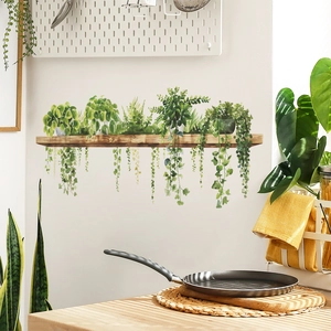 3D realistic green leaf plant wall stickers with wooden shelf for home wall decor