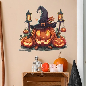 Detail of Halloween pumpkin wall stickers with witch hat and lanterns in a home setting