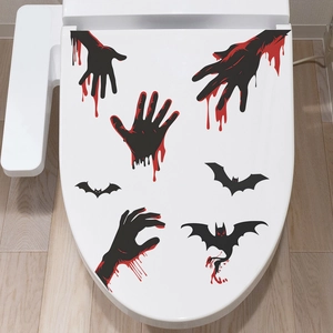 Adesivo per WC Halloween Horror Impronte di Mano Insanguinate e Pipistrelli PVC Impermeabile Decalcomania da Parete Bagno