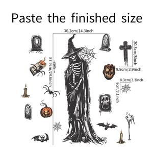 Detailed size guide for Halloween wall decals featuring wizard skull and bat motifs