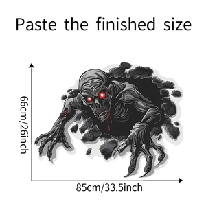 Detailed dimensions of Halloween wall sticker showing zombie emerging from broken wall