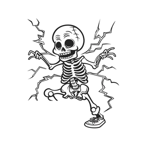 Dettaglio dell'adesivo da parete con scheletro fulminato e scarpe sportive stile cartoon