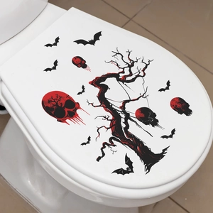 Halloween toilet lid sticker featuring a dead tree, skull, and bats in red and black