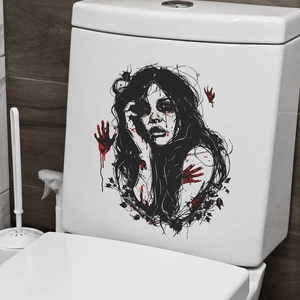 Gothic bloody female ghost decal on a white toilet tank for Halloween bathroom decoration