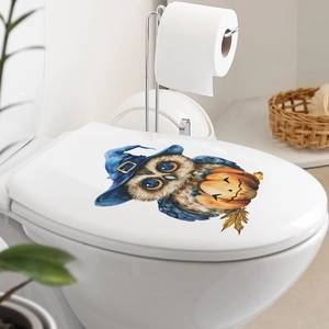 Halloween cartoon owl and pumpkin toilet lid sticker with watercolor wizard hat art