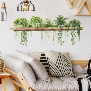 Green potted plants wall decal featuring hanging leaves on wooden shelf for room decor