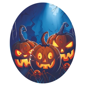 Gros plan d'autocollants citrouille d'Halloween avec Jack-o'-lanterns dans une forêt bleue