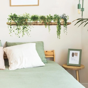Tropical green plant wall decal with wooden shelf design for living room decoration