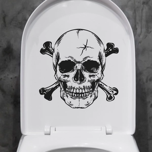 Monochrome hand-drawn skull and crossbones decorative toilet seat sticker home decor