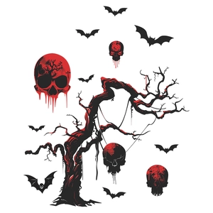 Halloween toilet sticker with spooky dry tree, skulls, and bats for bathroom decor