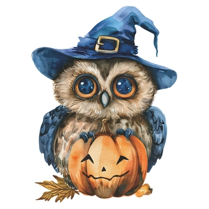 Halloween cartoon owl with wizard hat and pumpkin lamp toilet sticker art