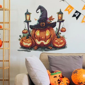 Cartoon Halloween pumpkin wall stickers with wizard hats for home living room decor