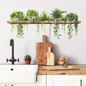 Realistic Potted Green Plants On Wood Shelf PVC Wall Stickers For Living Room Bedroom Kitchen Removable Waterproof Wall Decal