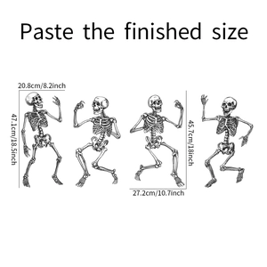 Detailed size guide of dancing skeleton wall decals for Halloween home decoration