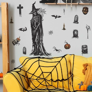 Halloween wall sticker set featuring grim reaper, bats, and pumpkins for home decoration