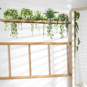 Vibrant watercolor green plant wall stickers on wooden shelves for home wall decor