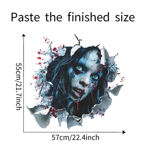 Detail view of 3D Halloween wall sticker showing a 57x55cm zombie girl breaking through a wall