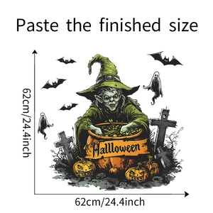 Halloween wall sticker with witch brewing pumpkin pot and bat ghosts, 62x62cm size detail