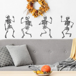 Halloween dancing skeleton wall decals set for living room home decor in sketch style