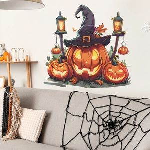 Halloween wall decals with Jack-o'-lanterns, wizard hat, and bats for home wall decor