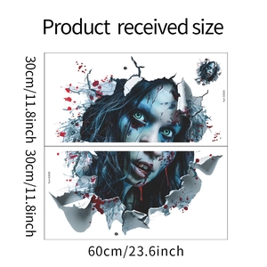 Detailed size chart for 3D Halloween wall stickers featuring spooky zombie girl graphics