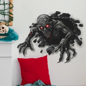 3D Halloween wall decal featuring a scary zombie monster breaking through a white wall