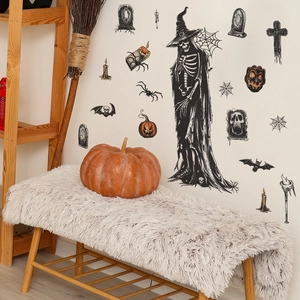 Detailed Halloween wall stickers featuring witches, bats, and pumpkins on white wall