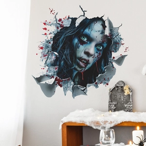3D Halloween wall sticker featuring a realistic zombie girl breaking through the gray wall
