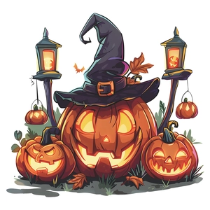 Halloween pumpkin wall stickers with witch hat and lanterns for bedroom decor