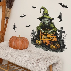 Halloween wall stickers featuring witches, pumpkins and bats for home decor decorations