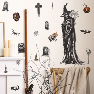 Halloween wall stickers featuring reaper, pumpkins and bats on a living room wall