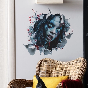 3D Halloween wall sticker featuring a spooky girl emerging from a cracked wall
