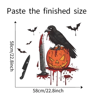 Detail showing Halloween wall sticker set dimensions with crow on pumpkin and bats
