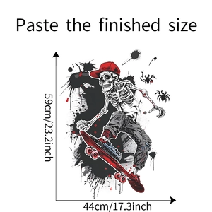 Detailed size chart for graffiti skull skateboard wall sticker showing dimensions 59x44cm