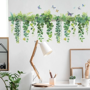 Fresh hanging vine and plant wall stickers with colorful butterflies for home decor
