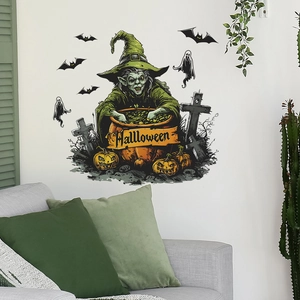 Halloween wall stickers featuring witches and ghosts in a cozy living room scene