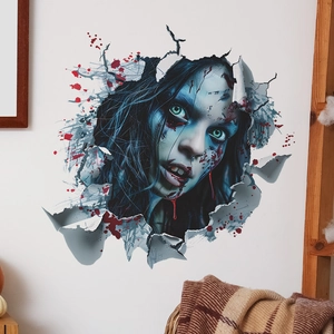 Spooky 3D wall sticker featuring a ghostly girl peering through cracks for Halloween decor
