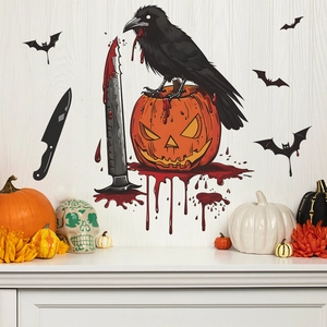 Halloween wall decals featuring a crow on a pumpkin, bloody knife, and bats on a wall