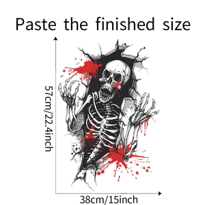 Detailed size specifications for Halloween wall sticker showing skull breaking through wall