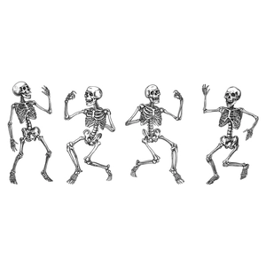 Set of four dancing skeleton wall stickers for Halloween home decor in black and white