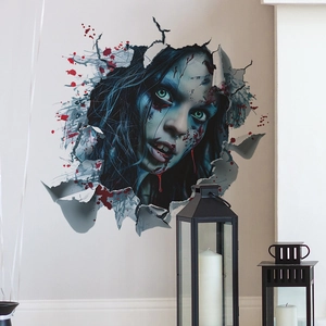 Detailed view of 3D zombie girl wall sticker with realistic blood splatters for Halloween