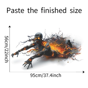 Detailed wall sticker dimensions showing 3D flaming zombie decal size 95x56cm