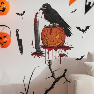 Halloween wall stickers featuring black ravens, pumpkins, and bloody knives on a white wall